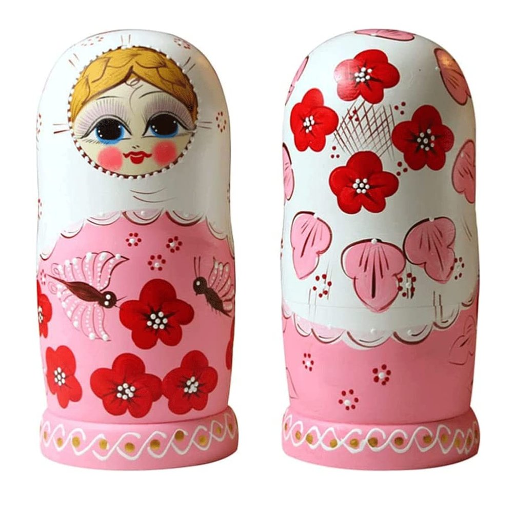 HRTC Handmade Matryoshka 10pcs Russian Nesting Dolls Red Flower with Butterfly Handmade Wood Stacking Nested Set Matryoshka Collectible Dolls Toy Set Surprise Gift