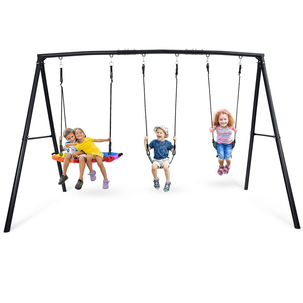 Hapfan 500lb Heavy Duty Metal Swing Sets for Backyard with Saucer Swing, Kids Triple Outdoor Swingset, Easy to Assemble