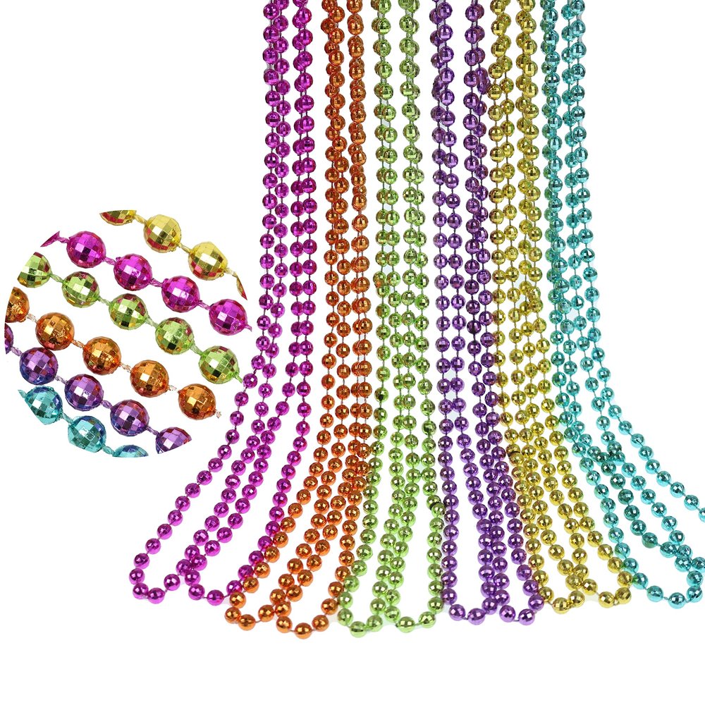 GiftExpress 12 pack Mardi Gras Beads Necklace, Metallic Assorted Neon Color Disco Ball Beaded Necklace, Mardi Gras Throws, Party Beads Costume Necklaces