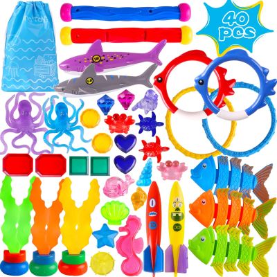 Woplagyreat 40 Pack Summer Pool Diving Toys for Kids Ages 3-12, Fun Swimming Games Sinking Toy Set, Underwater Gifts with Storage Bag Include Gems Shark Rings Sea Animals for Boys Girls