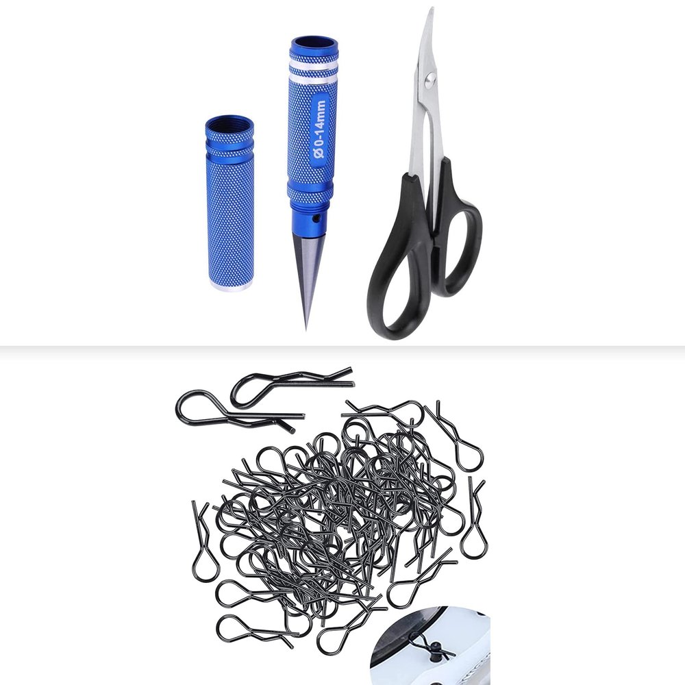 HobbyPark 1/12 1/10 RC Body Clips 1.2mm Rod (100-Pack) & RC Body Reamer w/Curved Scissor