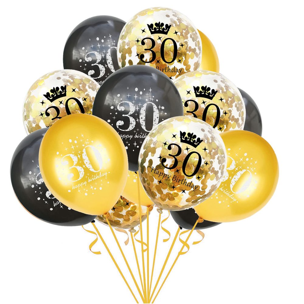 30th Birthday Party Balloons 12 Inch 30 Year Old Balloon Gold and Black Party Decorations Gold Confetti Latex Balloon Ribbon for 30 Year Old Anniversary Theme Birthday Party Supplies(30 Pack)