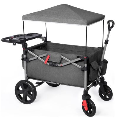 EVER ADVANCED Foldable Wagons for Two Kids & Cargo, Collapsible Folding Wagon Stroller with Adjustable Handle Bar,Removable Canopy with 5-Point Harness,Black