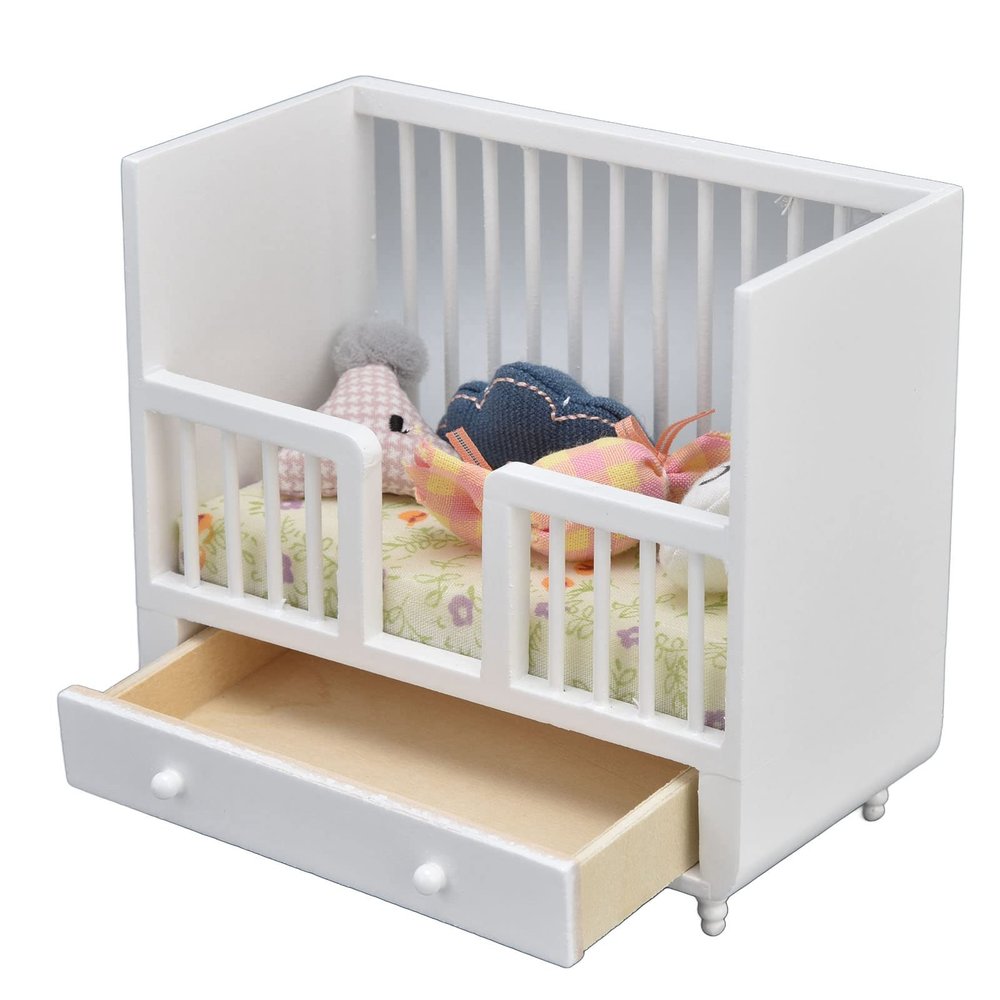 1/12 Miniature Wooden Crib & Cradle Bed - Baby Doll Nursery Furniture Accessories - DIY Miniature Dollhouse Bed