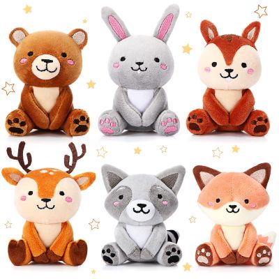 Aoriher 6 Pcs Mini Woodland Animals Stuffed Gift 4 Inch Cute Bear Rabbit Squirrel Raccoon Stuffed Keychain for Shower Birthday Party Centerpiece Decor(Regular Style)