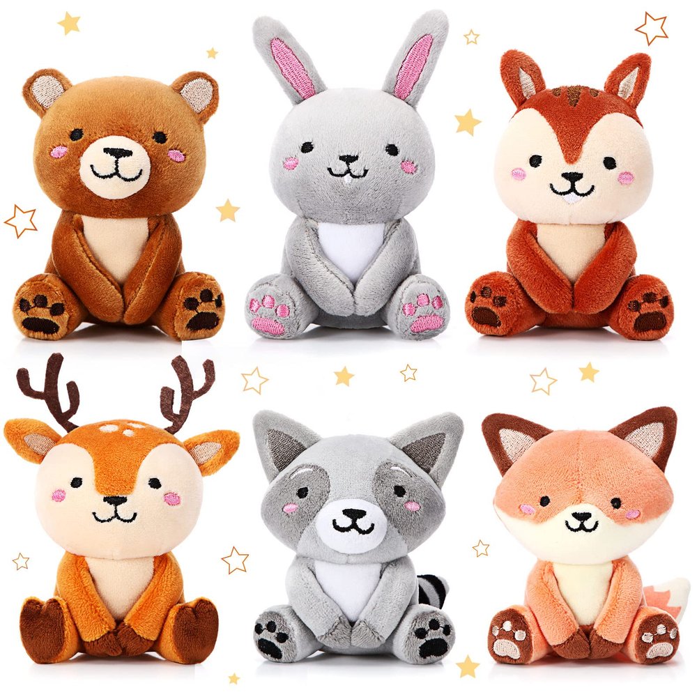 Aoriher 6 Pcs Mini Woodland Animals Stuffed Gift 4 Inch Cute Bear Rabbit Squirrel Raccoon Stuffed Keychain for Shower Birthday Party Centerpiece Decor(Regular Style)