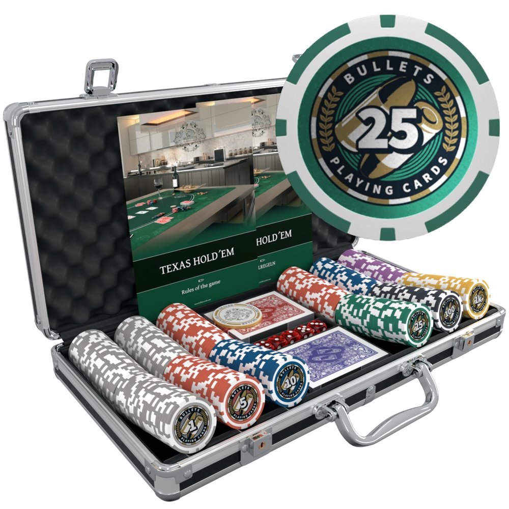 Bullets Playing Cards | Poker Set Christopher | 300 Plastic Poker Chips (12 g) with Aluminum Case, Plastic Playing Cards & Dice  Texas Holdem, Numbered Values