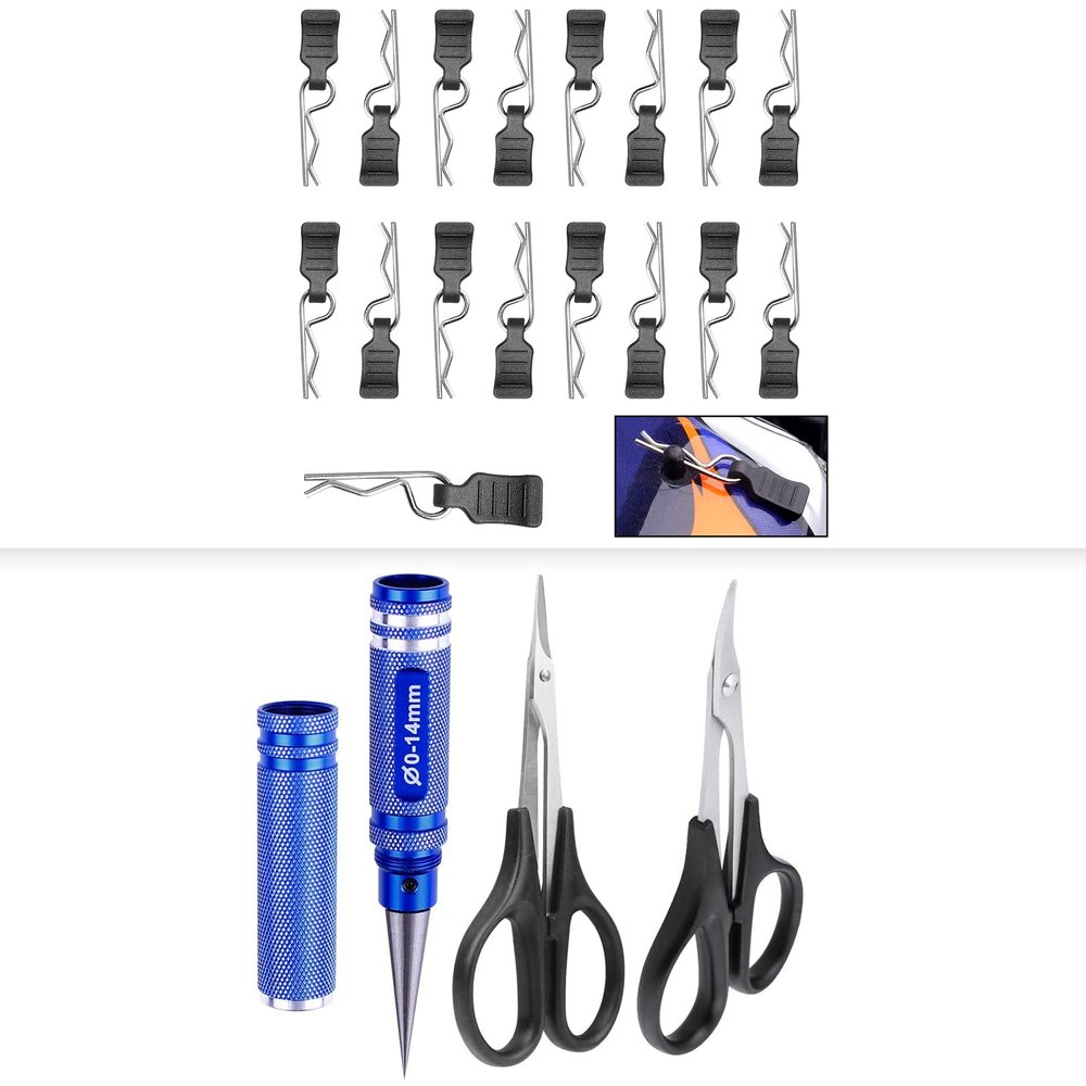 HobbyPark RC Body Trimming Scissors,RC Body Reamer & 1.0mm RC Body Clips with Pull Tabs for 1/16 1/18 Scale