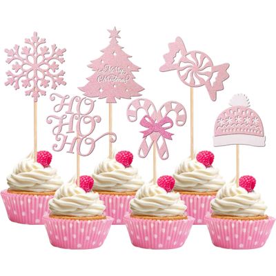 24 PCS Merry Christmas Cupcake Toppers Glitter Ho Ho Ho Christmas Tree Cupcake Picks Snowflake Cupcake Toppers for Merry Christmas Theme Birthday Party Cake Decorations Supplies