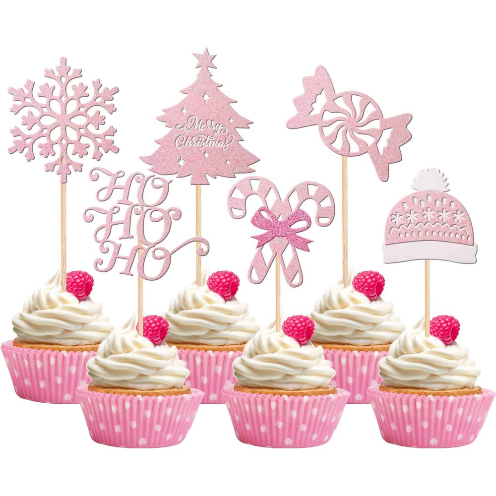 24 PCS Merry Christmas Cupcake Toppers Glitter Ho Ho Ho Christmas Tree Cupcake Picks Snowflake Cupcake Toppers for Merry Christmas Theme Birthday Party Cake Decorations Supplies