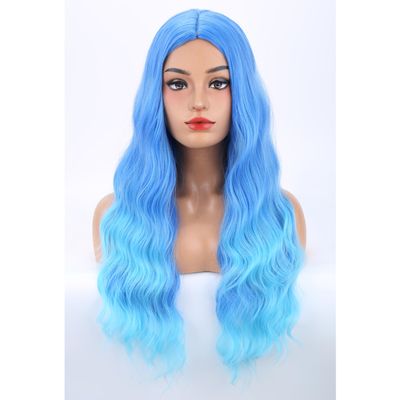 MAGQOO Blue Wig for Women Blue Ombre Wig Long Curly Wavy Light Blue Wigs Middle Part Heat Resistant Hight Density Synthetic Wig