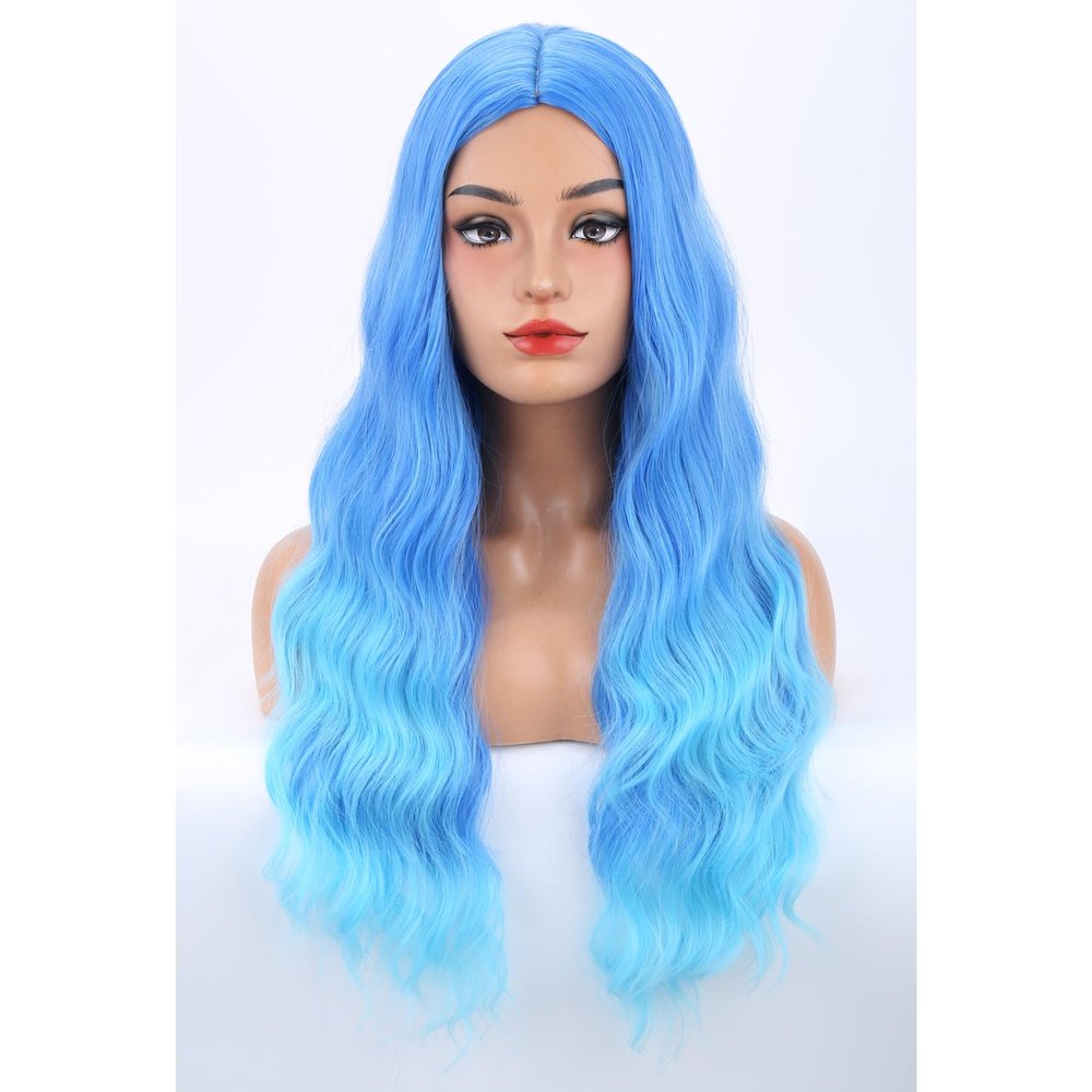 MAGQOO Blue Wig for Women Blue Ombre Wig Long Curly Wavy Light Blue Wigs Middle Part Heat Resistant Hight Density Synthetic Wig