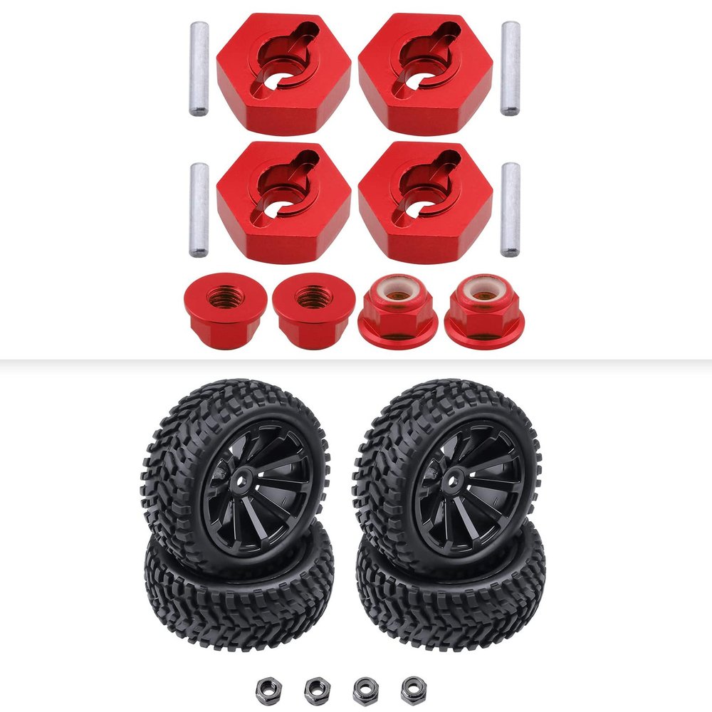HobbyPark 2.99 inch / 76mm Rubber RC Car Tires Wheel Set & 12mm Hex Wheel Hubs Adapter, 4mm Lock Nuts