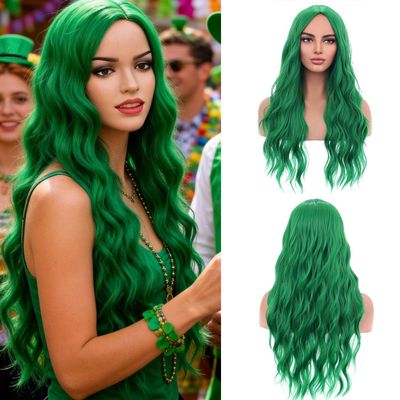 MAGQOO Green Wig for Women Girls Long Curly Wavy Emerald Green Wigs Middle Part Heat Resistant Hight Density Synthetic St.Patrick's Day