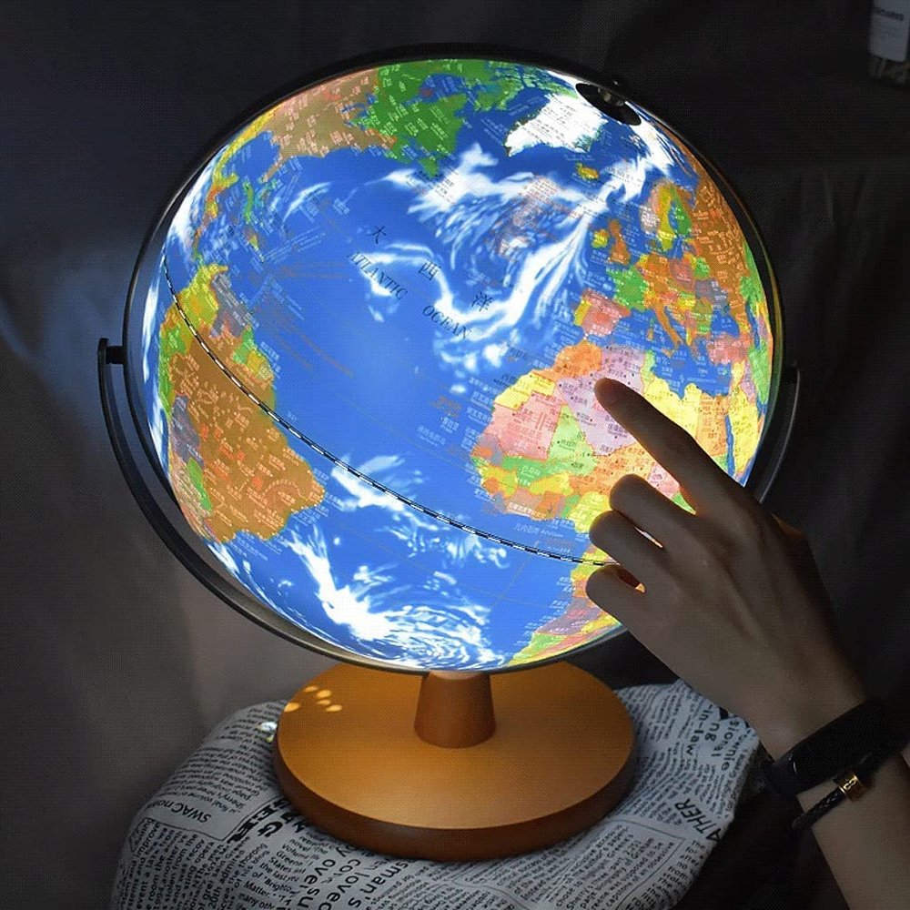 HRTC World Globe Newest 720 Rotating World Globe with Wooden Stand Geography Desktop Globe Lighting World Globe 12 Inch Diameter Clear Text Marking