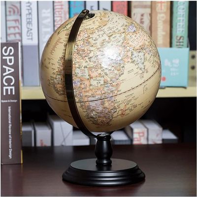 HRTC World Globe Practical Kids World Globe with Wooden Base Desktop Geo Globe Lighting Larger Size 9.8" Educational Globe Clear Text Marking