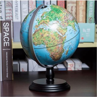 HRTC World Globe Practical Kids World Globe with Wooden Base Desktop Geo Globe Lighting Larger Size 9.8" Educational Globe Clear Text Marking