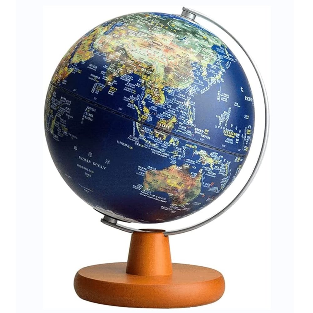 HRTC World Globe Light Up 5 Color Glowing World Globe 2 in 1 Globe Small Globe Geographic Globe with Wooden Frame Base Clear Text Marking