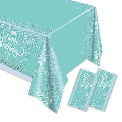 2pcs Teal and Silver Happy Birthday Party Tablecloth Glitter Diamonds Happy Birthday Tablecloth boy girl Party Supplies Decorations 70 inches x 51 inches for Teal and Silver Birthday party supplies