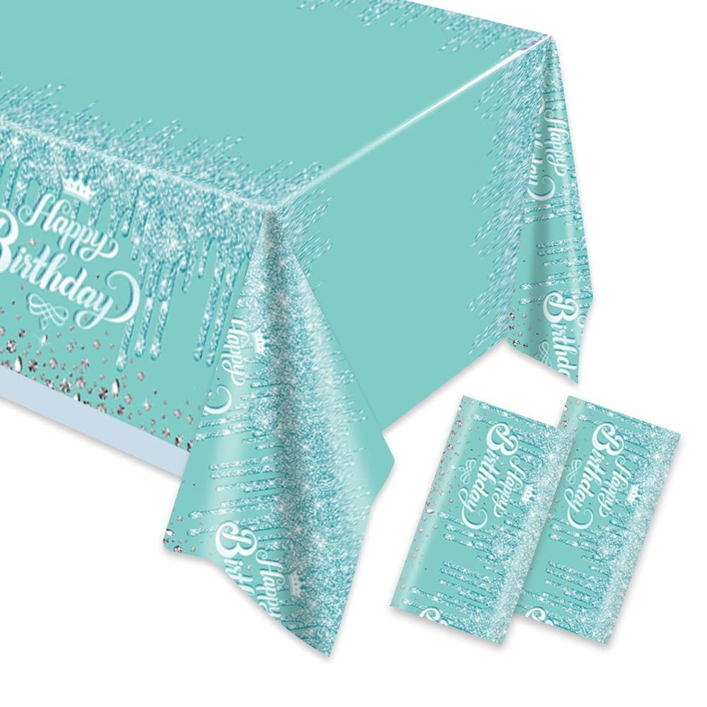 2pcs Teal and Silver Happy Birthday Party Tablecloth Glitter Diamonds Happy Birthday Tablecloth boy girl Party Supplies Decorations 70 inches x 51 inches for Teal and Silver Birthday party supplies