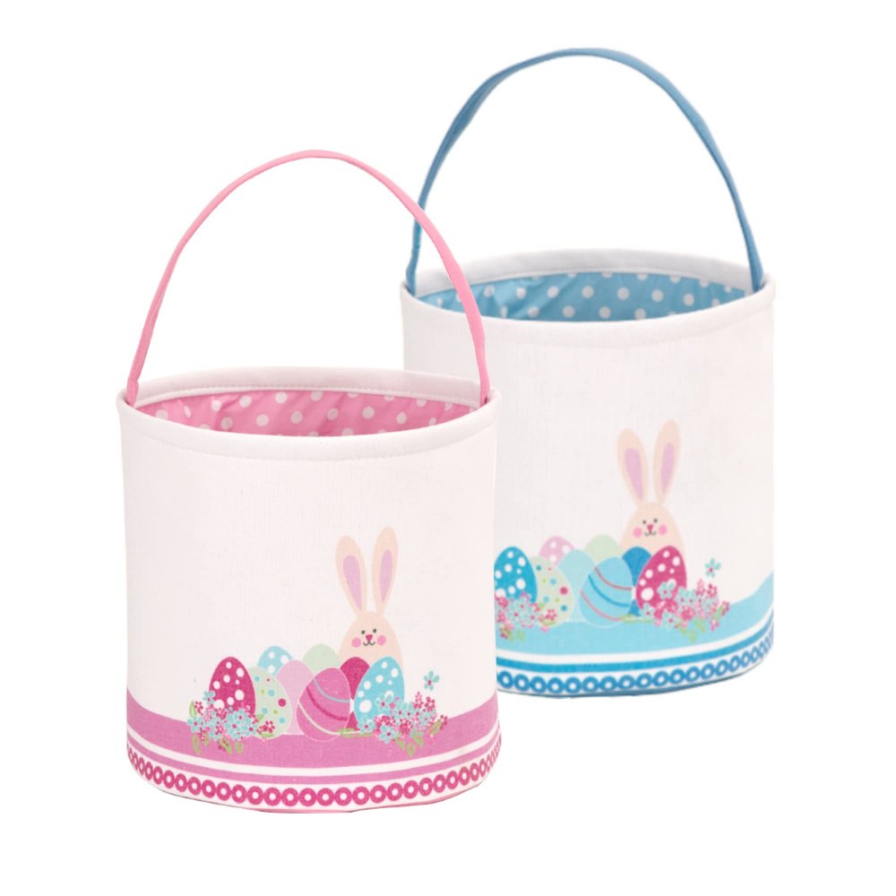 LessMo 2 Pcs Easter Bunny Basket Easter Egg Buckets, Blue Pink Cute Personalized Canvas Cotton Tote Bags Egg Hunt Basket for Easter Party Gifts