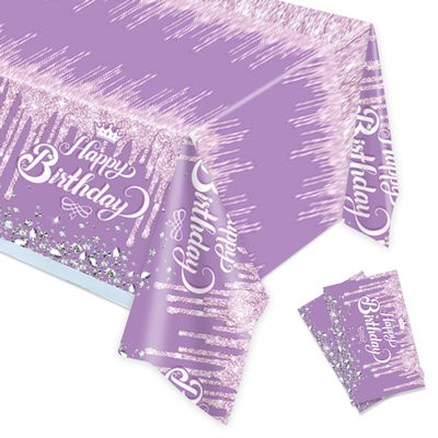 2pcs Purple & Silver Glitter Diamonds Happy Birthday Tablecloth - Boy & Girl Party Supplies - 70" x 51" for Purple & Silver Birthday Party