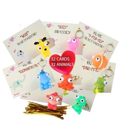 SAMRIKO 32 Piece Valentines Day Cards for Kids With Pop-Eye Animal Keychain- Perfect for Valentines Day Gifts for Kids, Class Valentine Gifts, Valentine Gifts for Class, Classroom Exchange Favor