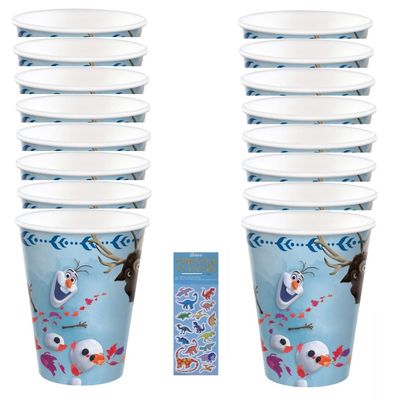 Amscan Frozen 2 Elsa Anna Olaf Birthday Party Supplies Bundle includes 16 Party Paper Cups and 1 Dinosaur Sticker Sheet