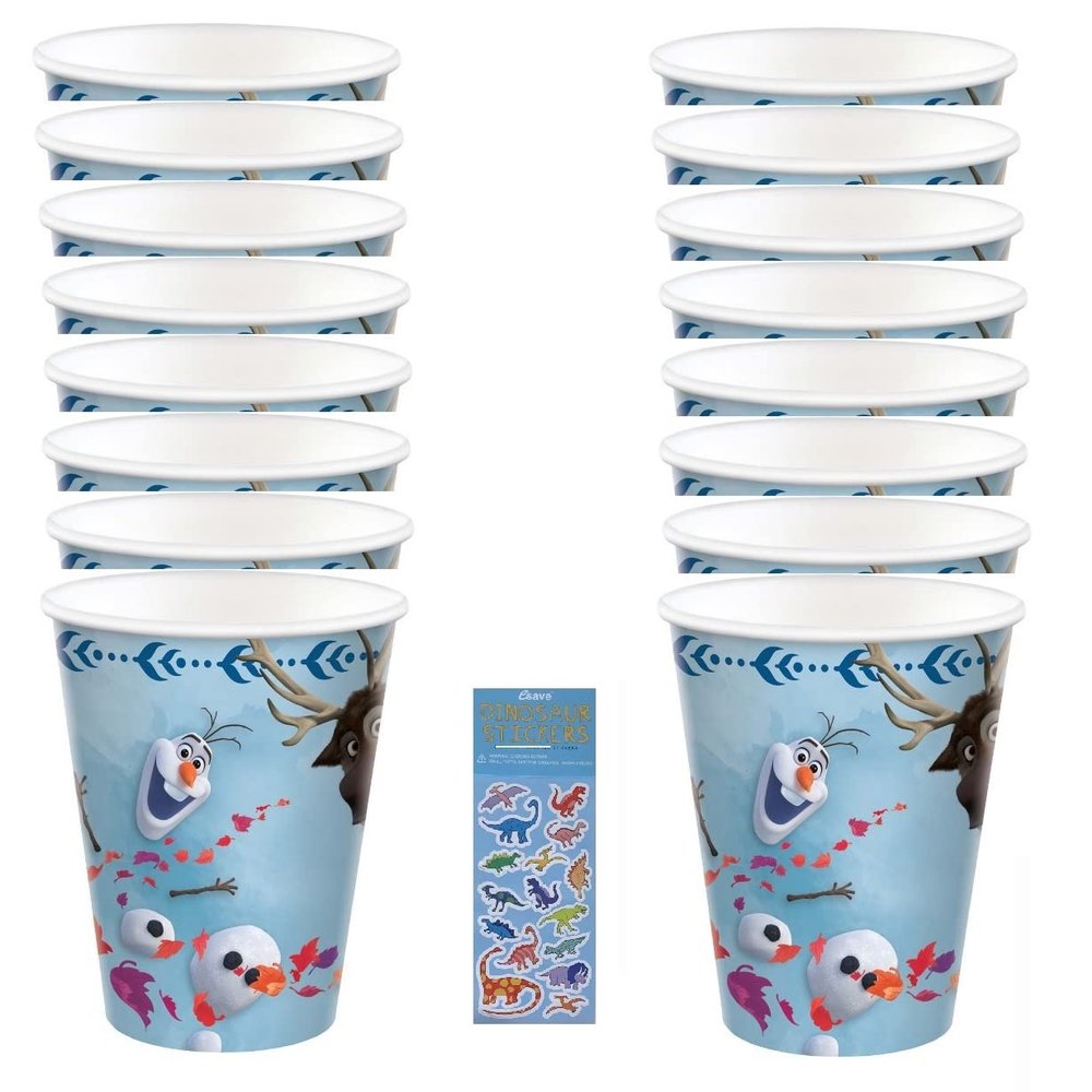 Amscan Frozen 2 Elsa Anna Olaf Birthday Party Supplies Bundle includes 16 Party Paper Cups and 1 Dinosaur Sticker Sheet