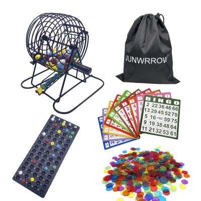 JUNWRROW Deluxe Bingo Game Set- Includes 1000 Colorful Chips,100 Mixed Cards,75 Calling Balls, 6 Inch Rotary Cage& Bingo Master Board,2 Velvet Bag,Bingo Storage Bag -Ideal for Large Groups