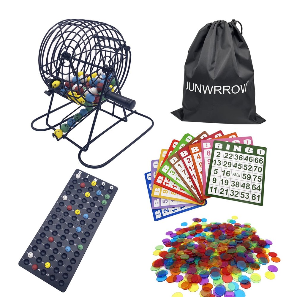 JUNWRROW Deluxe Bingo Game Set- Includes 1000 Colorful Chips,100 Mixed Cards,75 Calling Balls, 6 Inch Rotary Cage& Bingo Master Board,2 Velvet Bag,Bingo Storage Bag -Ideal for Large Groups