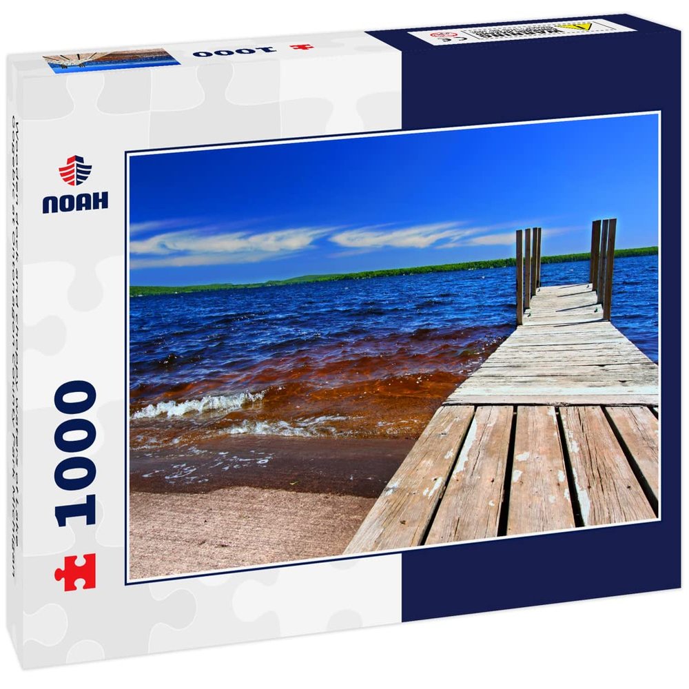 Noah Jigsaw Puzzle Wooden Dock and choppy Waters of Lake Gogebic at Ontonagon County Park Michigan 1000 Pieces