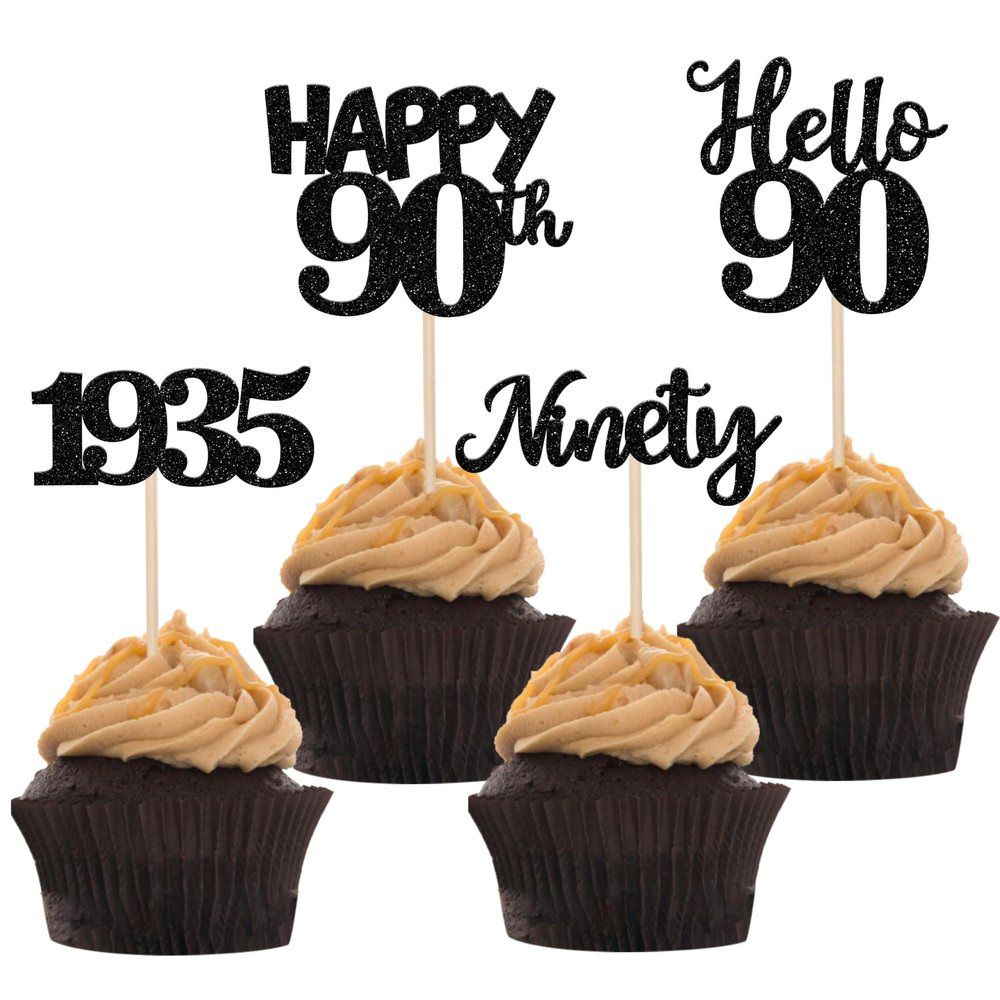 24 PCS Happy 90th Birthday Cupcake Toppers Glitter Hello 90 Cupcake Picks Ninety Since 1935 Cupcake Decorations for 90th Birthday Anniversary Retirement Party Cake Decoration Supplies Black