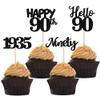 24 PCS Happy 90th Birthday Cupcake Toppers Glitter Hello 90 Cupcake Picks Ninety Since 1935 Cupcake Decorations for 90th Birthday Anniversary Retirement Party Cake Decoration Supplies Black view 1