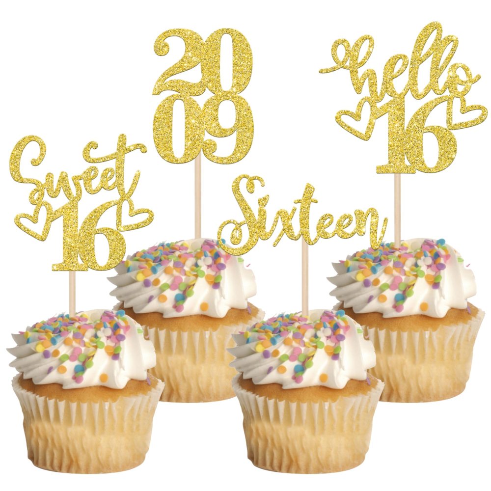 24 PCS Glitter 16th Birthday Cupcake Toppers Hello 16 Sixteen Cupcake Picks Sweet 16 Since 2009 Cupcake Topper for Happy 16th Birthday Anniversary Party Cake Decorations Supplies Gold