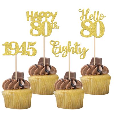 24 PCS Happy 80th Birthday Cupcake Toppers Glitter Hello 80 Cupcake Picks Eighty Since 1945 Cupcake Decorations for 80th Birthday Anniversary Retirement Party Cake Decoration Supplies Gold