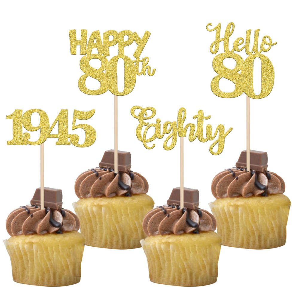 24 PCS Happy 80th Birthday Cupcake Toppers Glitter Hello 80 Cupcake Picks Eighty Since 1945 Cupcake Decorations for 80th Birthday Anniversary Retirement Party Cake Decoration Supplies Gold
