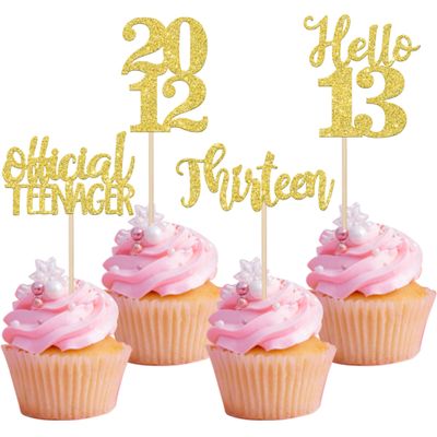 24 PCS Glitter 13th Birthday Cupcake Toppers Hello 13 Thirteen Cupcake Picks Official Teenager Since 2012 Cupcake Topper for Happy 13th Birthday Anniversary Party Cake Decorations Supplies Gold