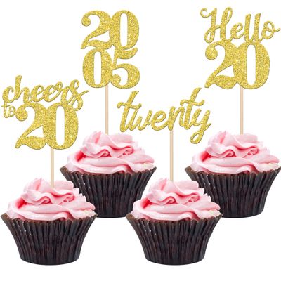 24 PCS Glitter 20th Birthday Cupcake Toppers Glitter Hello 20 Twenty Cupcake Topper Cheers to 20 Since 2005 Cupcake Picks for Happy 20th Birthday Anniversary Party Cake Decorations Supplies Gold