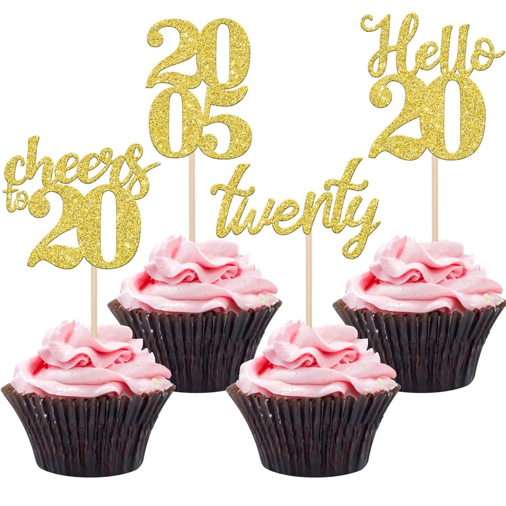 24 PCS Glitter 20th Birthday Cupcake Toppers Glitter Hello 20 Twenty Cupcake Topper Cheers to 20 Since 2005 Cupcake Picks for Happy 20th Birthday Anniversary Party Cake Decorations Supplies Gold