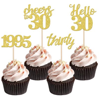 24 PCS Glitter 30th Birthday Cupcake Toppers Hello 30 Thirty Cupcake Picks Cheers to 30 Since 1995 Cake Decorations for Happy 30th Birthday Wedding Anniversary Party Decoration Supplies Gold