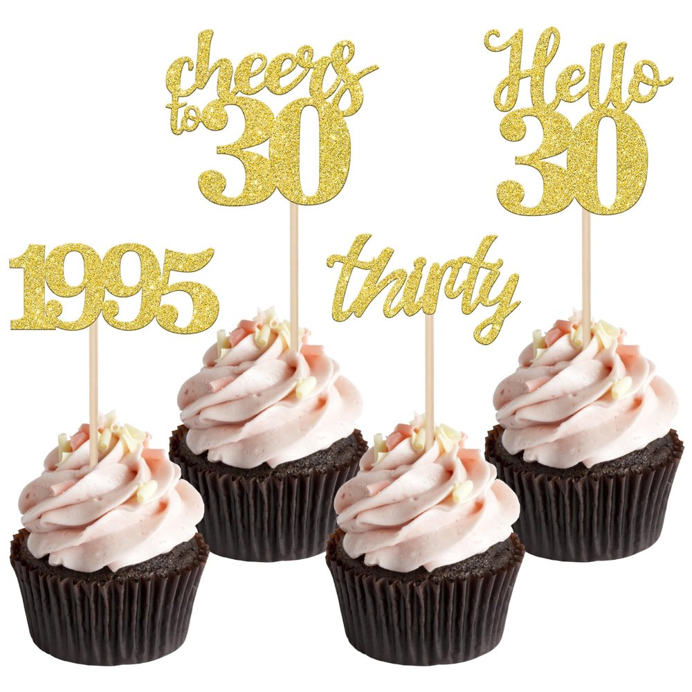 24 PCS Glitter 30th Birthday Cupcake Toppers Hello 30 Thirty Cupcake Picks Cheers to 30 Since 1995 Cake Decorations for Happy 30th Birthday Wedding Anniversary Party Decoration Supplies Gold