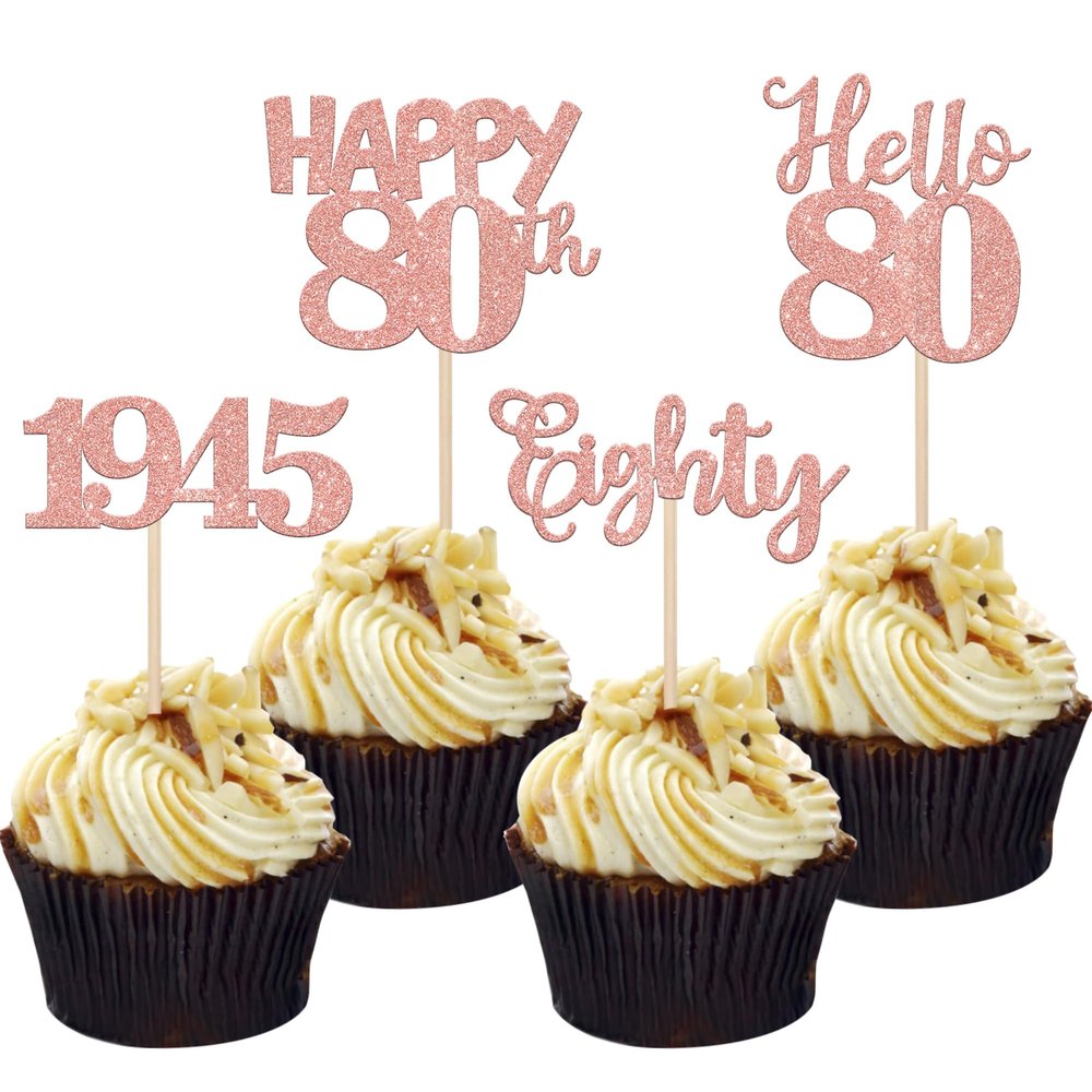 24 PCS Happy 80th Birthday Cupcake Toppers Glitter Hello 80 Cupcake Picks Eighty Since 1945 Cupcake Decorations for 80th Birthday Anniversary Retirement Party Cake Decoration Supplies Rose Gold