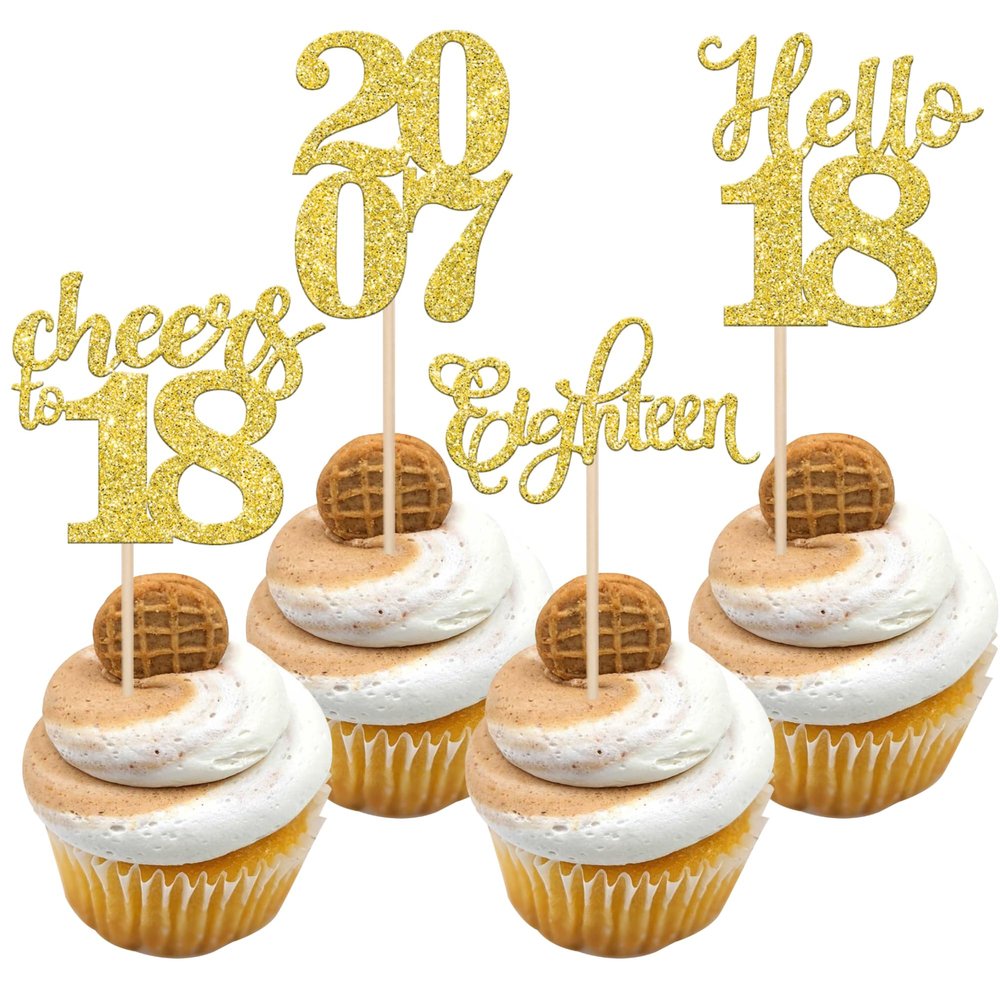 24 PCS Glitter 18th Birthday Cupcake Toppers Hello 18 Eighteen Cupcake Picks Cheers to 18 Since 2007 Cupcake Topper for Happy 18th Birthday Anniversary Party Cake Decorations Supplies Gold