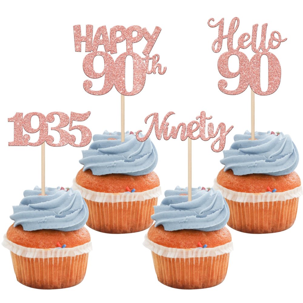 24 PCS Happy 90th Birthday Cupcake Toppers Glitter Hello 90 Cupcake Picks Ninety Since 1935 Cupcake Decorations for 90th Birthday Anniversary Retirement Party Cake Decoration Supplies Rose Gold