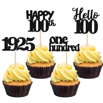 24 PCS Happy 100th Birthday Cupcake Toppers Glitter Hello 100 Cupcake Picks One Hundred Since 1925 Cupcake Decorations for 100th Birthday Anniversary Party Cake Decoration Supplies Black
