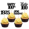 24 PCS Happy 100th Birthday Cupcake Toppers Glitter Hello 100 Cupcake Picks One Hundred Since 1925 Cupcake Decorations for 100th Birthday Anniversary Party Cake Decoration Supplies Black view 1