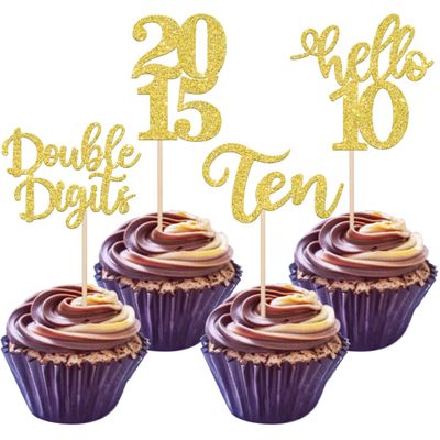 24 PCS Glitter 10th Birthday Cupcake Toppers Hello 10 Ten Cupcake Picks Double Digits Since 2015 Cupcake Topper for Happy 10th Birthday Anniversary Party Cake Decorations Supplies Gold