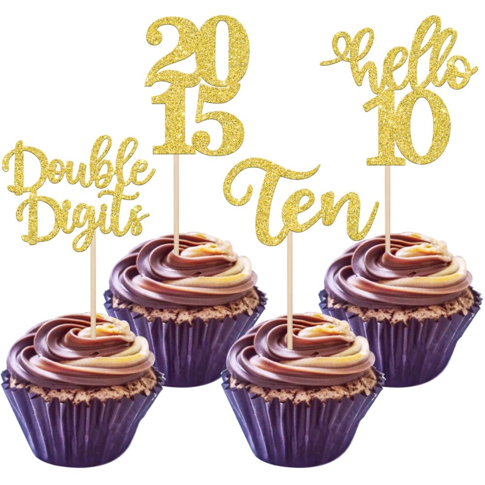 24 PCS Glitter 10th Birthday Cupcake Toppers Hello 10 Ten Cupcake Picks Double Digits Since 2015 Cupcake Topper for Happy 10th Birthday Anniversary Party Cake Decorations Supplies Gold