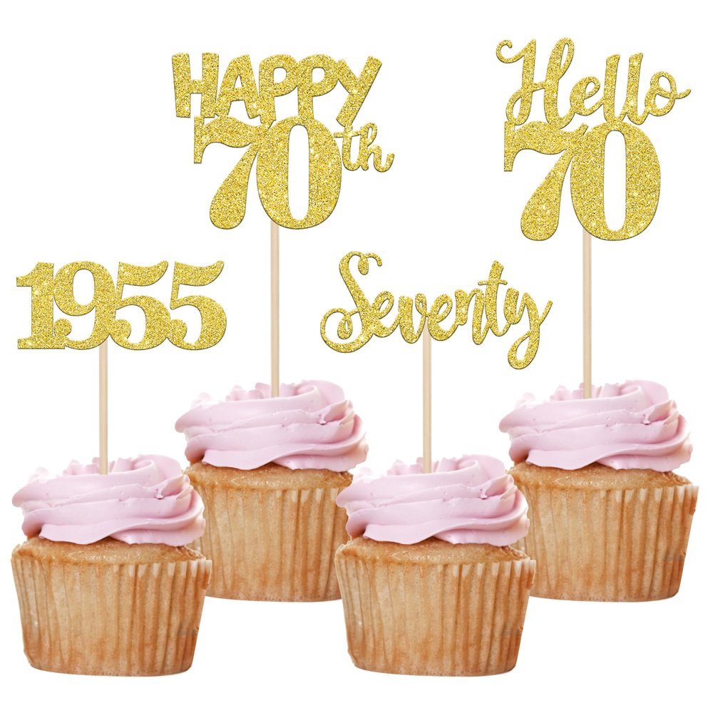 24 PCS Happy 70th Birthday Cupcake Toppers Glitter Hello 70 Cupcake Picks Seventy Since 1955 Cupcake Decorations for 70th Birthday Anniversary Retirement Party Cake Decoration Supplies Gold